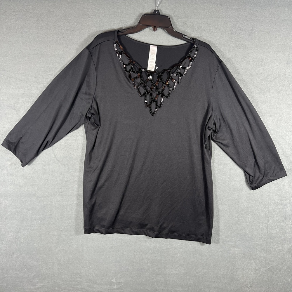 Women's Black Sequin V-Neck 3/4 Sleeve Top Plus Size 1X/1T Polyester Spandex